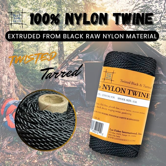 Just For Nets Twisted Tarred Nylon Bank Line Twine, Black, 1lb Spool - Heavy Duty String for Net Repair, Camping, Trot Line Fishing, Bushcraft Cordage (#42-1lb Spool)