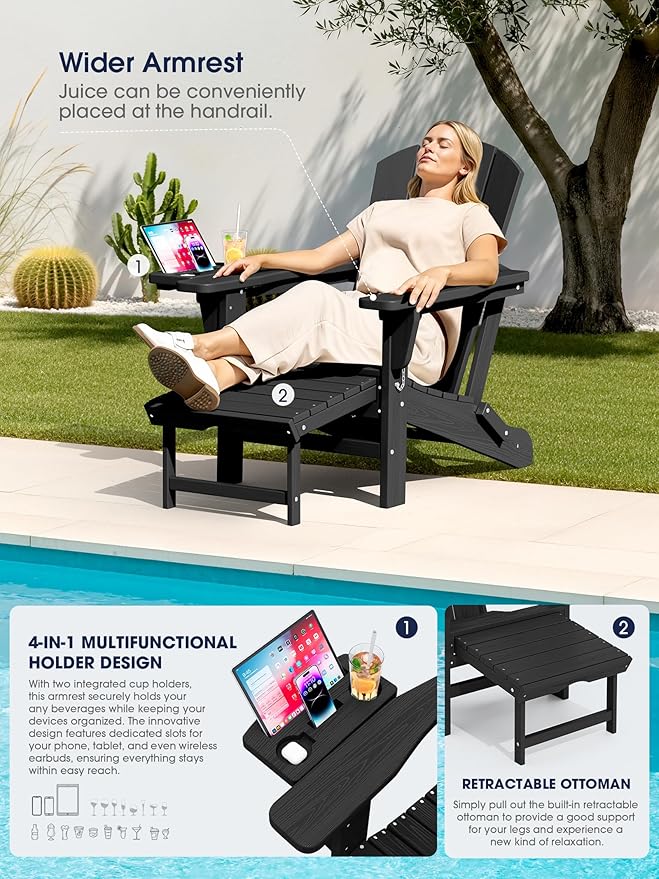 KINGYES Adjustable Folding Adirondack Chair with Footrest & 4-in-1 Multi-Functional Armrest Organizer Set of 2, HDPE Foldable Recliner Adirondack Chair with Pull-Out Ottoman, Black