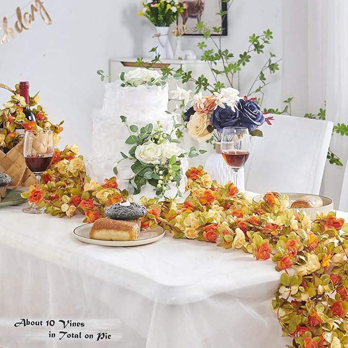 6 Pcs x 8.2 ft Flower Garland Artificial Rose Vine Flowers with Green Leaves Hanging Fake Roses Vine for Room Party Home Wedding Birthday Christmas Wall Arch Decor, Fall Champagne Flower
