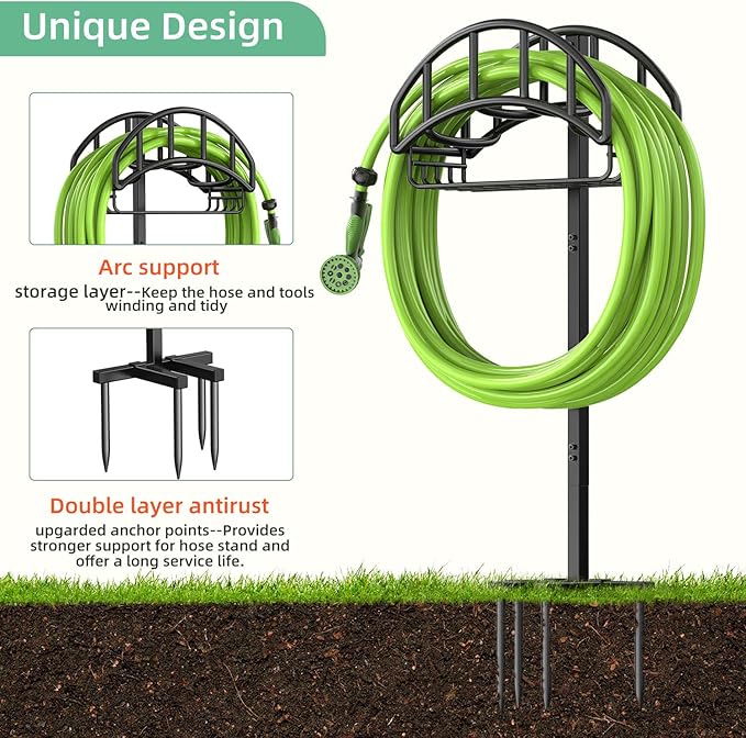 Garden Hose Holder - Upgraded Metal Reel With Tool Storage Basket, Heavy Duty Freestanding Water Hose Holder Holds 150ft, Detachable Storage Hanger for Outside