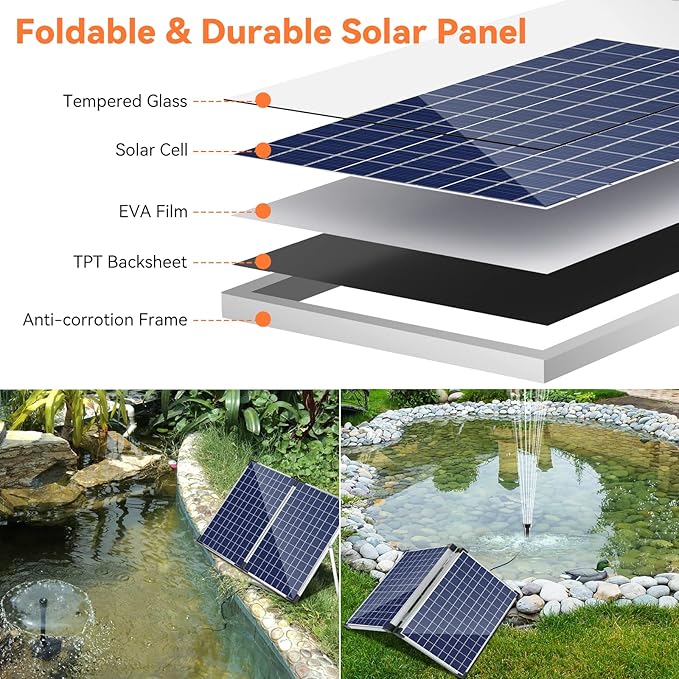 POPOSOAP Solar Fountain Pump 35 Watt, 480GPH Solar Water Pond Pump with PVC Tubing 4 Spray Heads 16.5ft Cable Length for Garden Pond Fountain Waterfall Hydroponics Pool