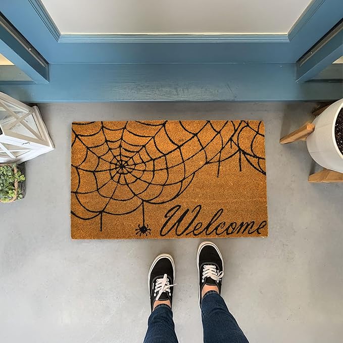 Decorative Halloween Welcome Mat, Spider Web, Natural Coco Coir Mats with Non-Slip PVC Backing, Indoor Outdoor Mats for Home & Office, Floor Mats for Door Decor, 30"x17"