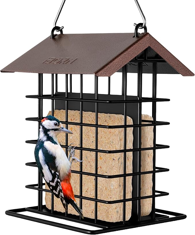 iBorn Suet Feeder for Outside Hanging,Suet Bird Feeders for Outdoors,Suet Holder With Squirrel Proof Hanger Hook,Suet Cage Bird Feeder,Woodpecker Feeder,Weatherproof Metal Roof,All Metal,1 Pack,Coffee