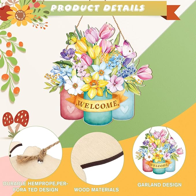 Juexica Spring Door Decor Flower Welcome Sign Spring Wall Hanger for Front Door Decorations Rustic Flower Wall Pediments for Party Outdoor Indoor Decor