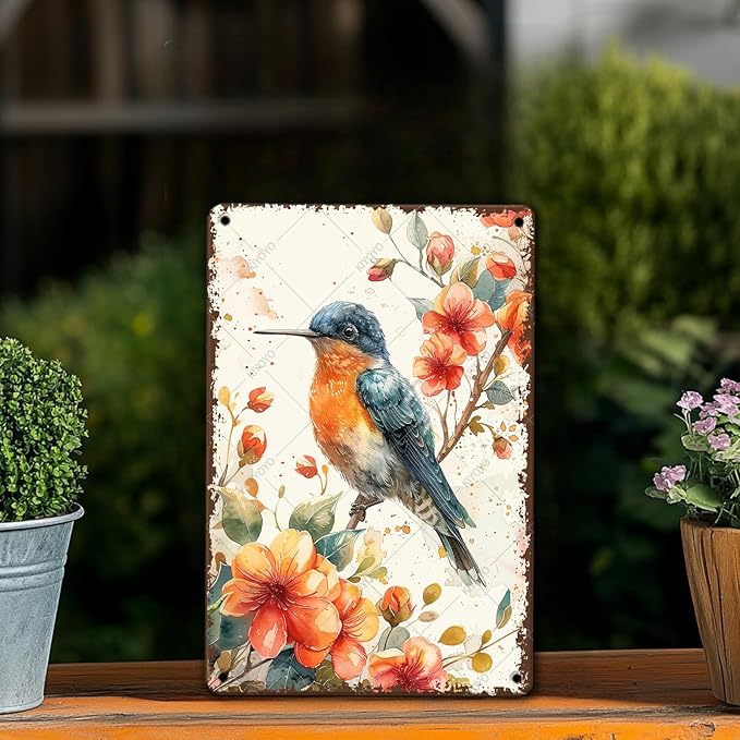 Vintage Tin Sign Hummingbird Watercolor Colorful Bird Metal Sign Hummingbird Art Decor for Home Garden Kitchen Office 12x8 Inch