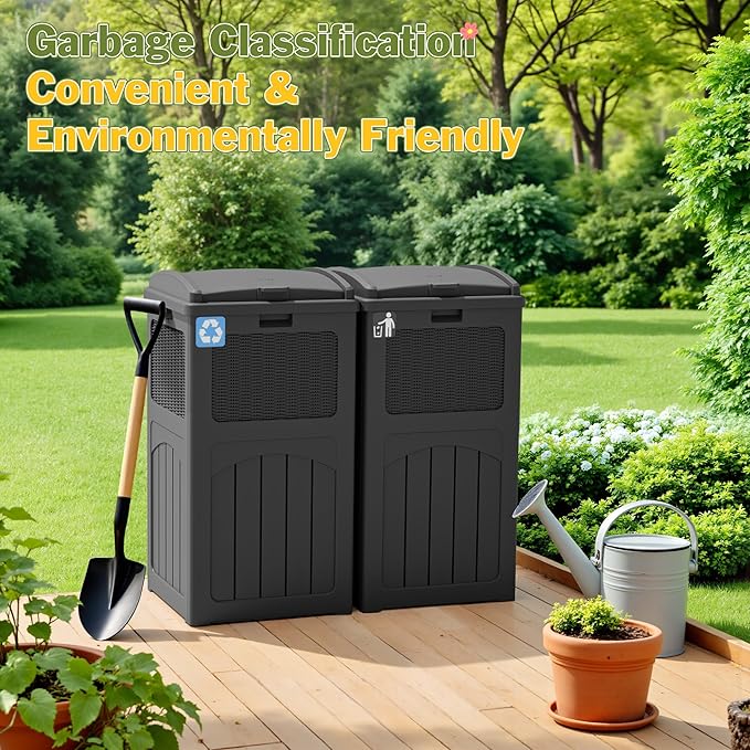 Greesum 33 Gallon Outdoor Trash Can with Lid, Waterproof Resin Garbage Bin for Hideaway, Deck, Patio, 2 Pack, Gray