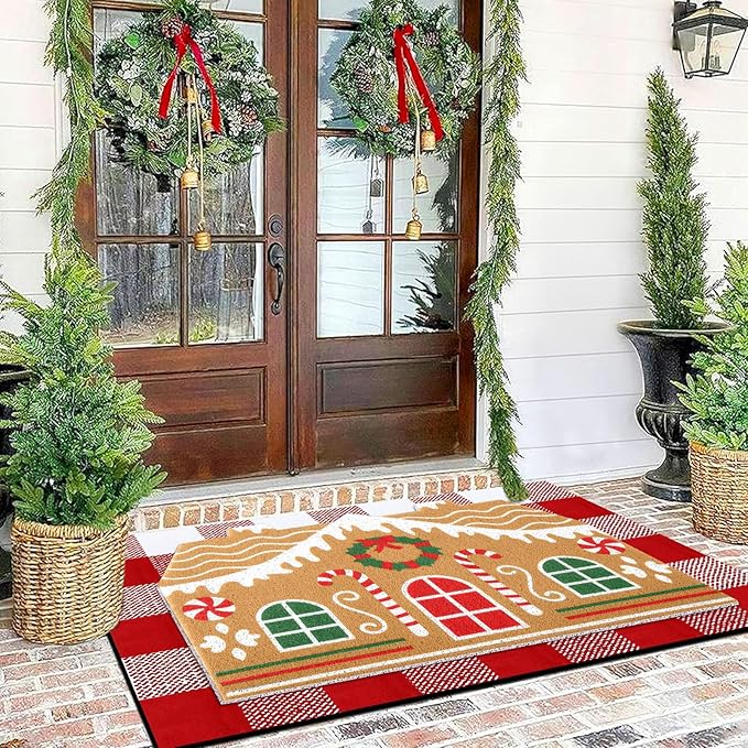 Tinideya 2 Pcs Christmas Door Mat Gingerbread House Welcome Non Slip Coir Mats Merry Xmas Red White Buffalo Plaid Floor Layering Doormats Seasonal for Front Porch Entryway Decor(Gingerbread House)