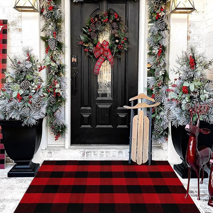 Christmas Door Mat Outdoor 27.5"x43" Buffalo Plaid Christmas Decor Rug Cotton Hand-Woven Layered Door Mats Washable Carpet for Front Porch, Kitchen, Farmhouse, Entryway