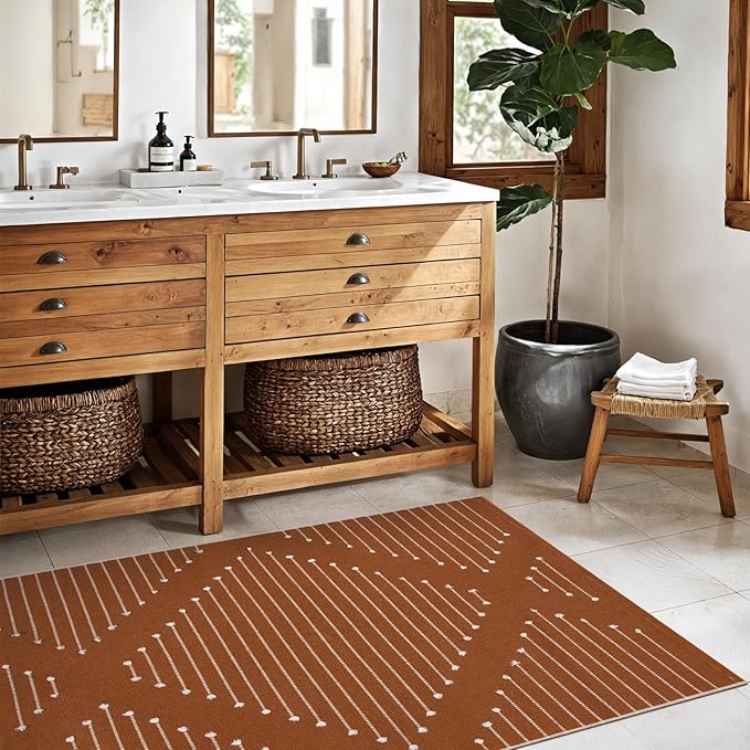 LIVEBOX Burnt Orange Entryway Rug, Washable Front Door Rug Cotton Blend Kitchen Rugs, Boho Woven Area Rug Throw Carpet for Layered Porch Halloween Decor Rugs (2.4' x 3.7')