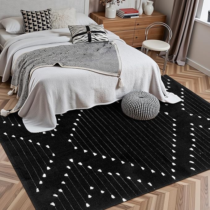 LIVEBOX Black Area Rug for Living Room 5x8, Boho Large Bedroom Washable Cotton Woven Carpet, Moroccan Indoor Thin Throw Rug for Dining Room, Home Office