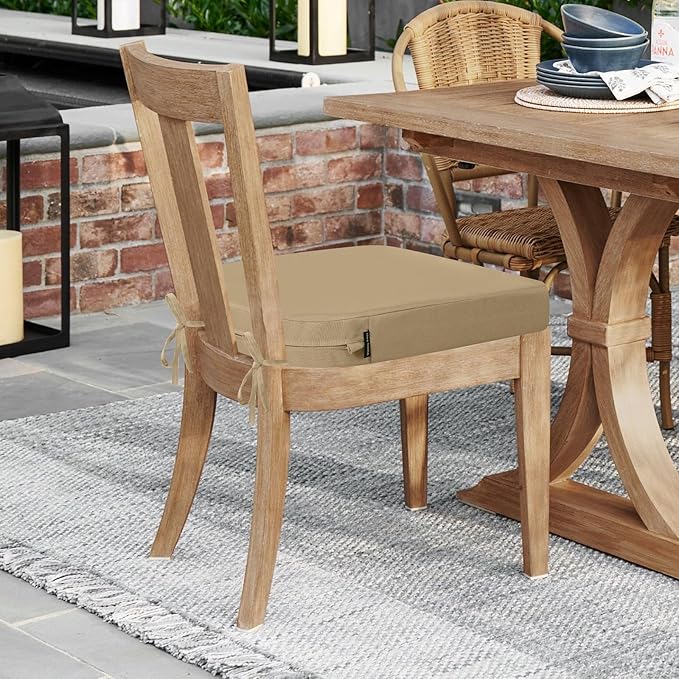 idee-home Outdoor Chair Cushions Set of 2, Thick 17" x 17" x 3" Patio Chair Cushions for Outdoor Furniture Waterproof with Ties, Seat Cushion, Dining Chair Pads Antique Beige