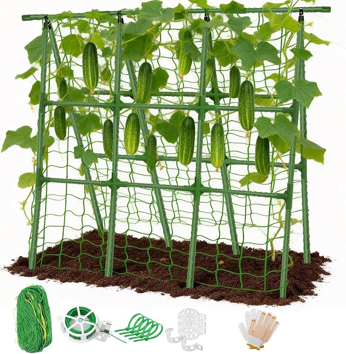 Joyhalo A-Frame Cucumber Trellis for Raised Beds, 47" Hx 57" L Adjustable Size, Garden Trellis for Climbing Plant Outdoors with Climbing Net and Plant Support Clip for Vegetable Vine Pea Bean Tomato