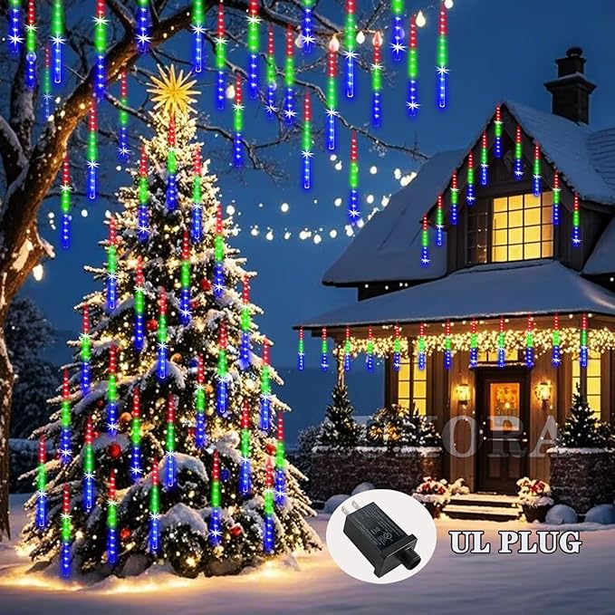 Aukora Meteor Shower Lights UL Certified Outdoor Christmas Lights 12inch 8 Tubes 192 LED Snow Falling Icicle Cascading Light for Xmas Tree Decoration Halloween Wedding Party Holiday Yard, Multicolor