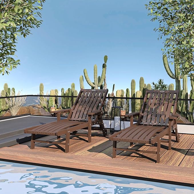 Patio Chaise Lounge Chair, Oversized Lounge Chair Outdoor with 5 Positions, HDPE, Patio Lounge Chair with Wheels & Cup Holder for Pool, Deck, Poolside,Brown