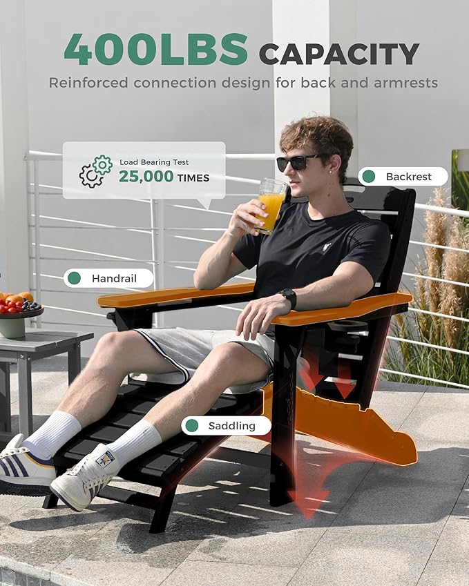 Folding Adirondack Chairs Set of 2,HDPE Adirondack Chair with Retractable Ottoman,Weather Resistant Patio Chair,Outdoor Chairs Set of 2(Black)