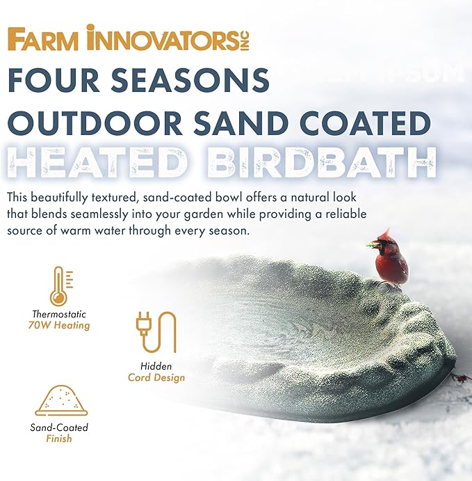 Farm Innovators Heated Bird Bath, Four Seasons Outdoor Decor Shallow Bath Tray for Birds - Backyard & Garden Birdbath with Sand Coated Design