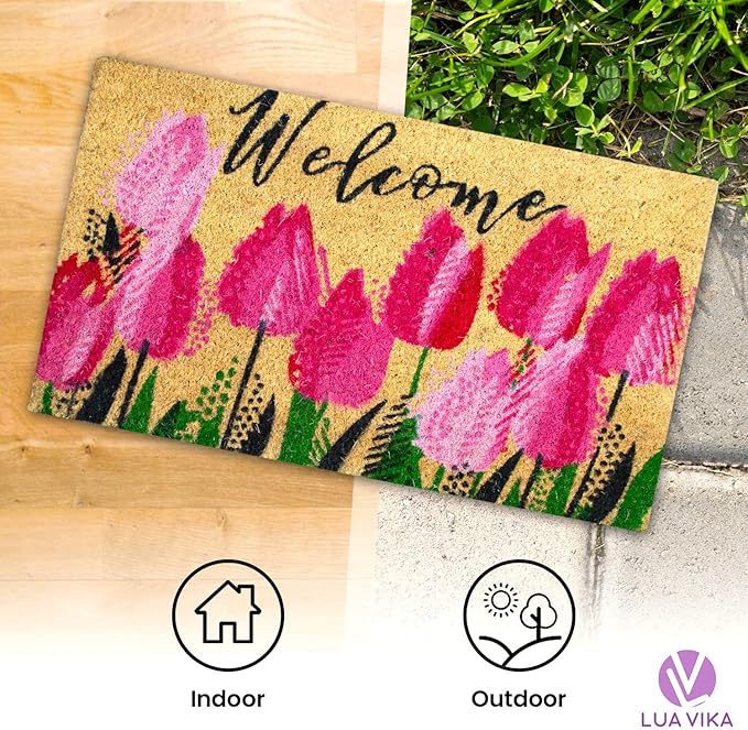 Coir Doormat, Front Door mats Outdoor, Funny Welcome mat Outdoor, Front Door mat for Home Entrance, Door mat Outside Entrance, Welcome mat Indoor 16"x27.5" (Tulips)