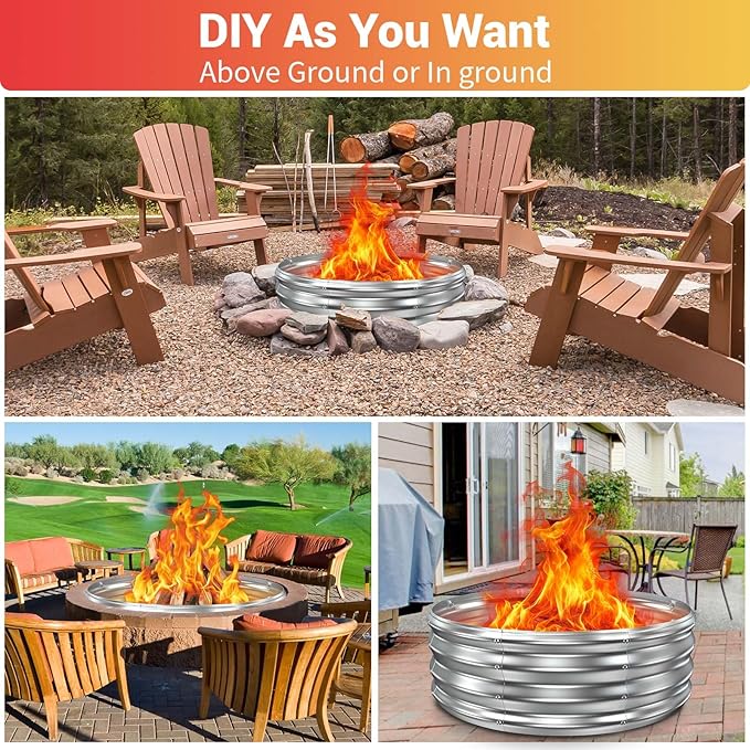 36 Inch Fire Pit Ring for Outside, Heavy Duty Wood Burning Firepit & Outdoor Fireplace,DIY In Ground or Above Ground,Portable Galvanized Steel Fire Pits Bowl for Backyard Bonfire,Patio,Camping,Round