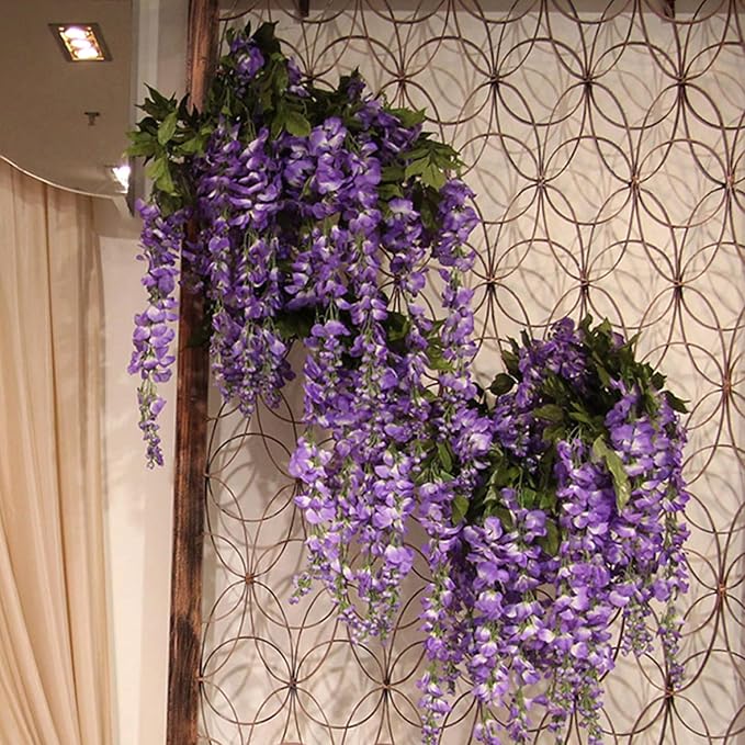 6pcs Artificial Wisteria Flowers 3.6 Feet/Piece Purple Dense Artificial Fake Wisteria Vine Ratta Hanging Garland Silk Flowers String Home Party Wedding Decor（Purple-Dense）