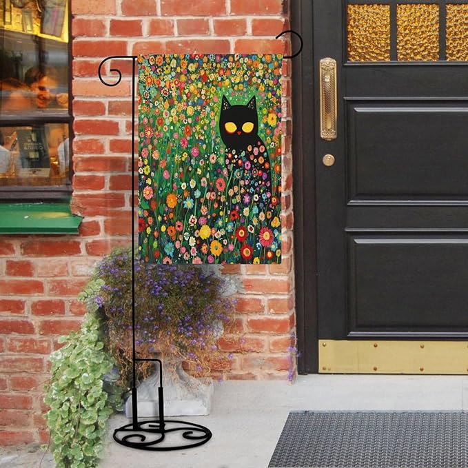 Black Cat Garden Flag Double Sided Outside 12x18 Inch Cute Black Cat in The Flower Garden Welcome Farmhouse Outdoor Flags Yard Flag Seasonal Holiday Decoration Courtyard