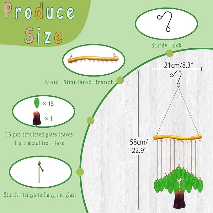 Leaf Shape Glass Wind Chimes for Outside Decoration, Green Tree Windchimes Outdoors Unique, Handcrafted Suncatcher Glass Art Wind Chimes for Women, Hanging Outdoor Christmas Decor
