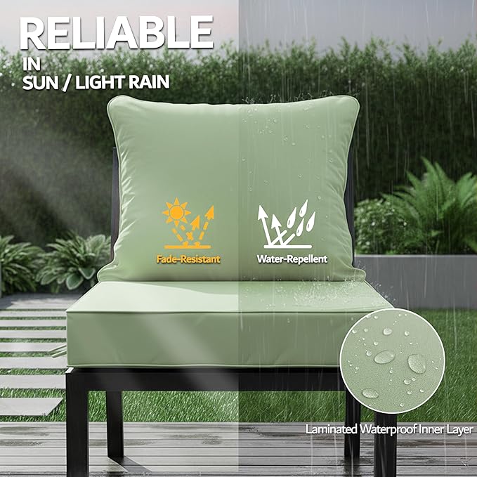 24x24 Inch Outdoor Chair Cushions Set of 4, Patio Furniture Cushions - Removable Cover, Water-Repellent, Fade-Resistant, Non-Slip Bottom & Straps, Replacement for Deep Seat Sofa & Couch - Sage Green