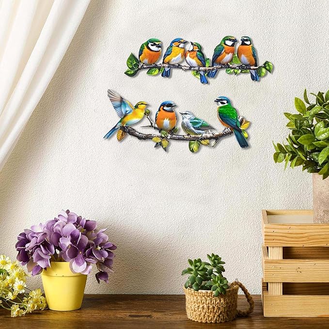 Metal Bird Outdoor Wall Art Decor - Hummingbird Wall Silhouette Art, Bird on Branch Wall Sculpture Hanging Indoor Outdoor for Your Yard, Garden and Patio (2 Pack)