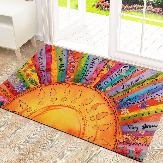 Likiyol Boho Sun Door Mat Outdoor Indoor, Colorful Floral Welcome Doormat with Inspirational Quotes for Front Door, Entryway, Non Slip Washable Rubber Door Rug, Low Profile, Absorbent, 18'' x 30''
