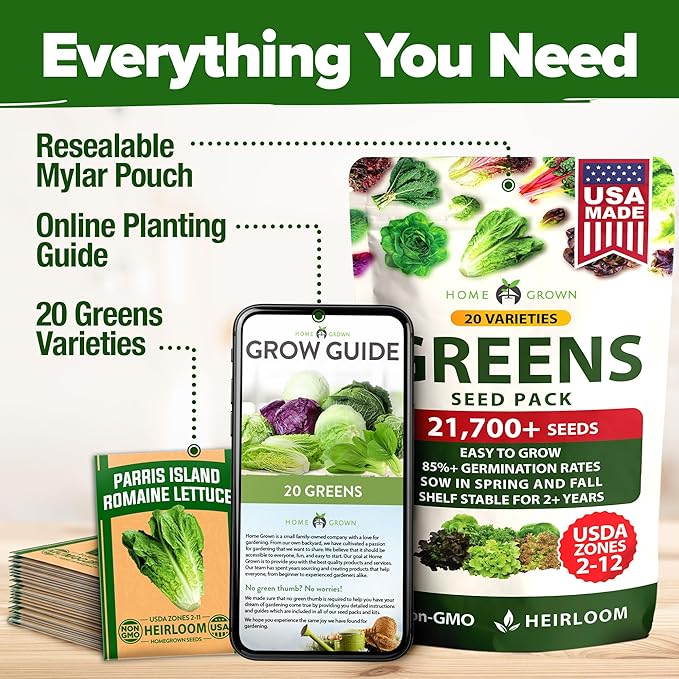 HOME GROWN 20 Variety Lettuce Seeds 21,700+ Bulk Pack Heirloom Non-GMO High Germination, Romaine, Butterhead, Spinach, Kale, Iceberg, Continuous Harvest Indoor Outdoor Hydroponic Garden (20 Varieties)