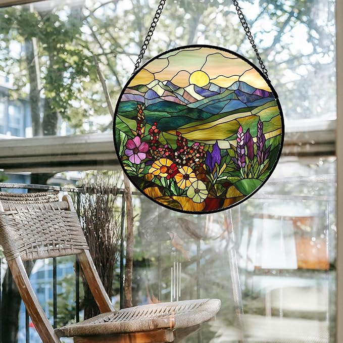 Stained Glass Window Hanging Purple Wildflowers Pastoral Scenery Large 15" - Suncatcher Door Garden Sun Catcher Home Decor Birthday Christmas for Mom Men Woman Friend
