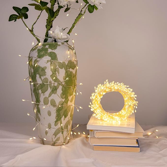 Fairy Lights Plug in, 20FT 200LED Firecracker String Lights Waterproof Silver Wire, for Bedroom/DIY/Party/Garden/Porch/Patio/Backyard/Christmas Tree, with Remote Timer & 8 Modes, Warm White