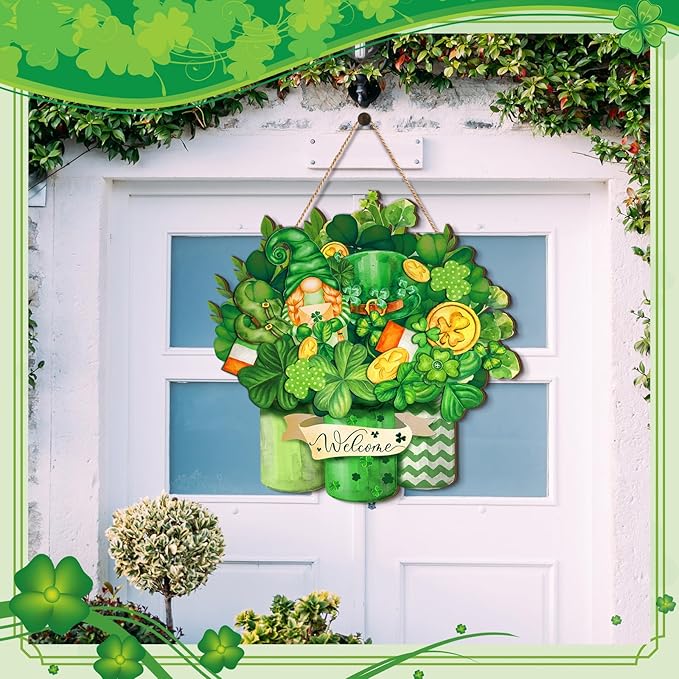 Juexica St. Patrick's Day Welcome Sign Wood Sign Irish Front Door Decor Wood Hanging Door Sign Outdoor Wooden Front Door Decorations for Farmhouse Porch Decoration