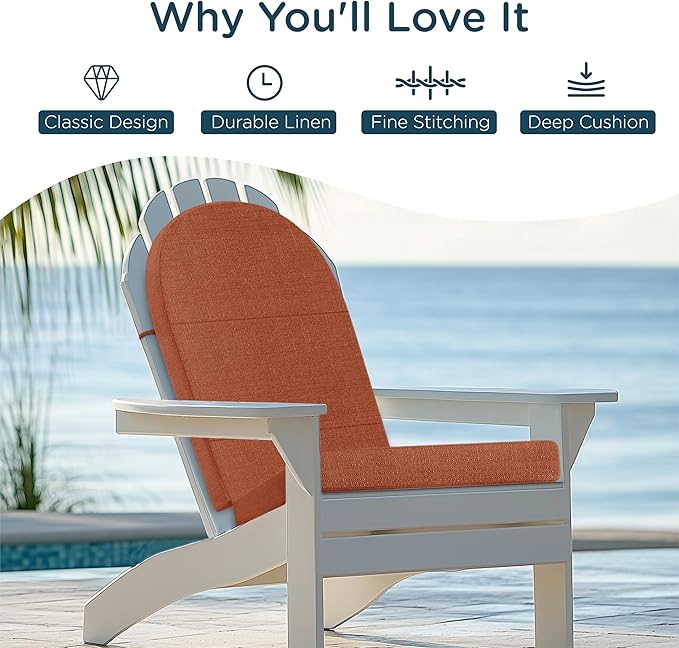 Codi Adirondack Chair Cushion – Outdoor Rocking Seat Cushions for Patio & Porch, Fade Resistant Waterproof Fabric with Ties, Spice