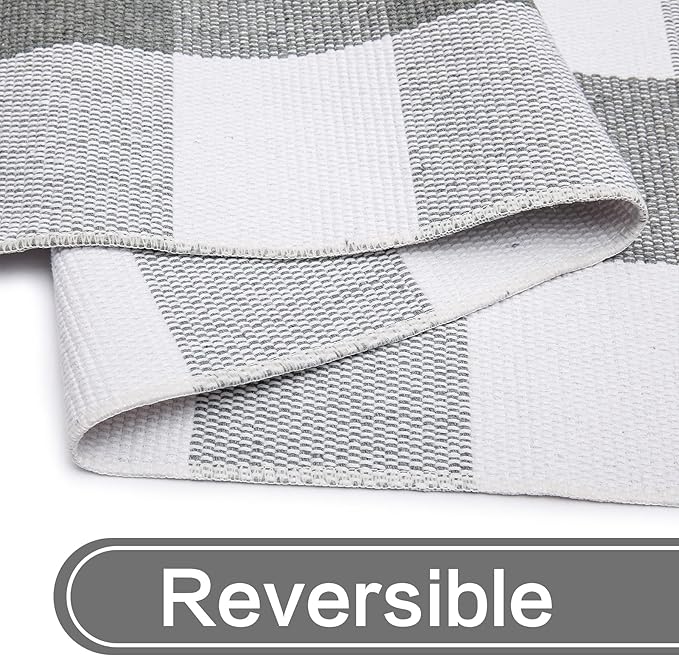 MUBIN Cotton Buffalo Plaid Rug, 3'x5' Grey and White Outdoor Rug Front Door Decorative Mat, Hand-Woven Foldable Rug for Layered Door Mats Washable Carpet for Front Porch, Entryway, Farmhouse