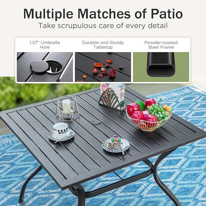 PHI VILLA Outdoor Patio Dining Set with 10ft Umbrella for 4, Outdoor Table Chairs Set with Adjustable Folding Patio Chair for Garden