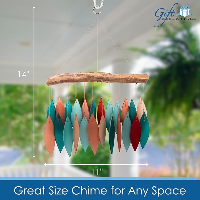 Blue Handworks Coral and Teal Glass & Driftwood Chime, Sandblasted Glass and Found Wood Handcrafted Wind Chime