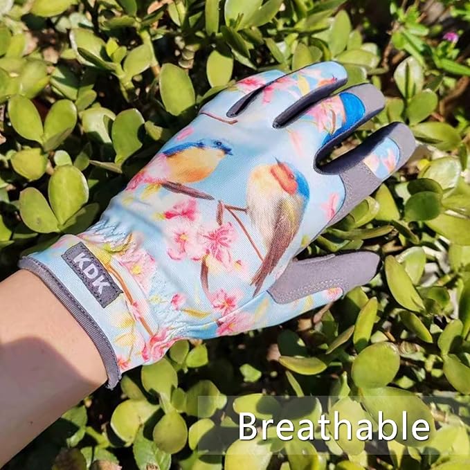 Gardening Gloves for Women, Flexible Breathable Garden Gloves, Leather Working Gloves for Weeding, Digging and Pruning (M-Birds)