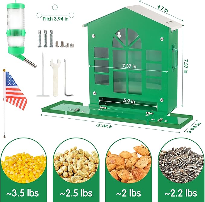 Metal Squirrel Feeder for Outside, Hanging Squirrel House for Outdoors with Water Bottle, Flag and Corn Cobs Holder, Peanut Feeder for Chipmunks, Easy to Mount on Trees or Fences