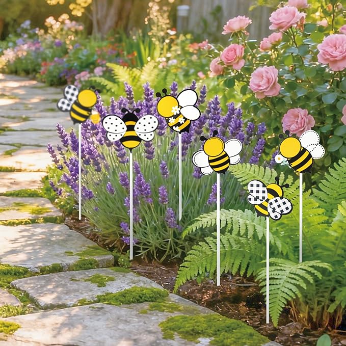Metal Bee Planter Stakes - 6Pcs Cute Bumble Bee Yard Sign Decorative Garden Stake for Planter Outdoor Backyard Pathway Lawn Plant Flower Pots Decoration Spring Summer Easter Day Party Supply