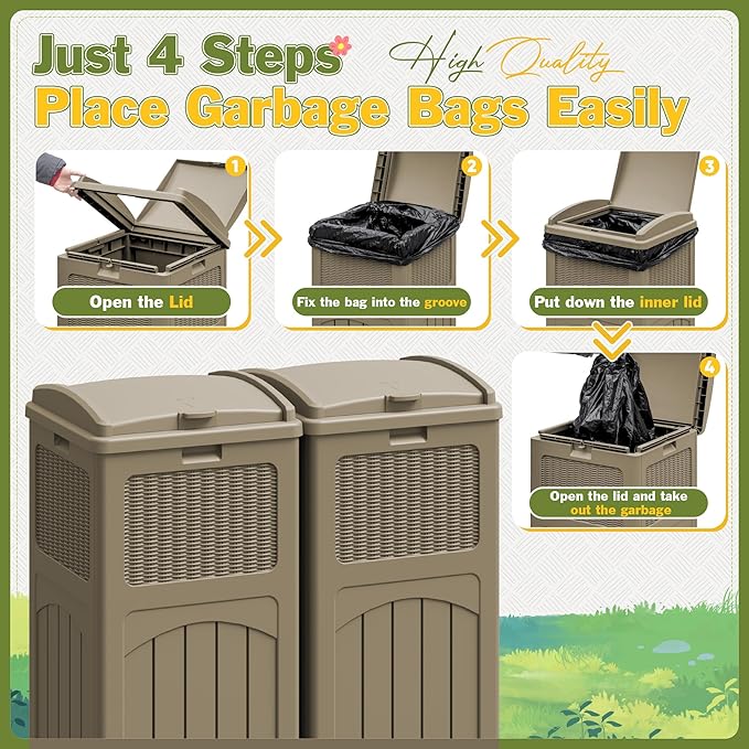 Greesum 33 Gallon Outdoor Trash Can with Lid, Waterproof Resin Garbage Bin for Hideaway, Patio, Deck, 2 Pack, Light Brown