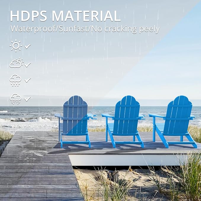LUE BONA HDPS Adirondack Chairs, Fire Pit Outdoor Chair Weather Resistant with Cup Holder, Modern Plastic Chair Plastic for Patio, Deck, Proch, 350LBS, Blue