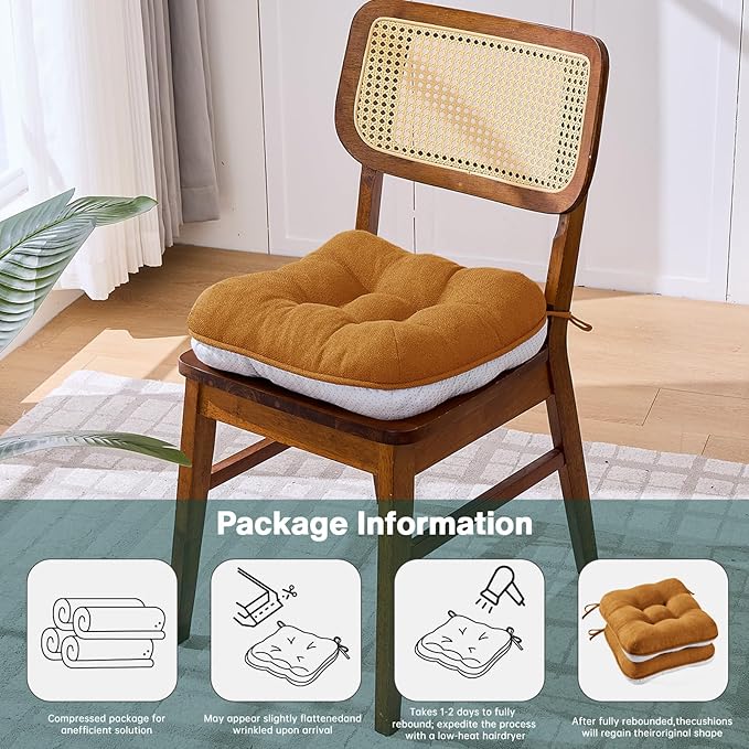 BETU Chair Cushions for Dining Chairs Set of 2,3.5" Thick Kitchen Table Chair Pads with Ties,Non Slip Backing and Covers, Seat Cushion for Dining Room,Bar,Patio Chairs,16"X16"X3.5",Caramel