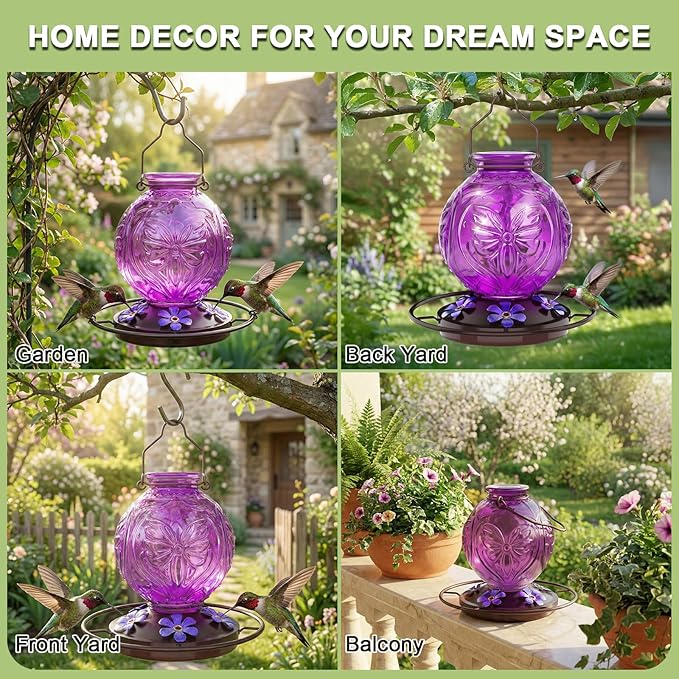 Glass Hummingbird Feeder for Outdoors Hanging, 25Oz Humming Bird Nectar Feeders with Perch & 5 Flower Feeding Ports, Leak Proof for Outside Garden Decor, Gifts for Women (Purple)