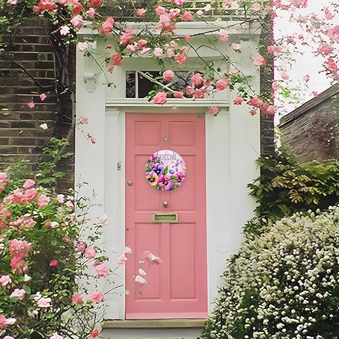 Deroro Welcome Spring Summer Pansy Flower Front Door Sign, Pink Floral Dragonfly Wood Door Hanger Outdoor Outside Porch Decor, Seasonal Wooden Wreath Indoor Wall Hanging Decoration