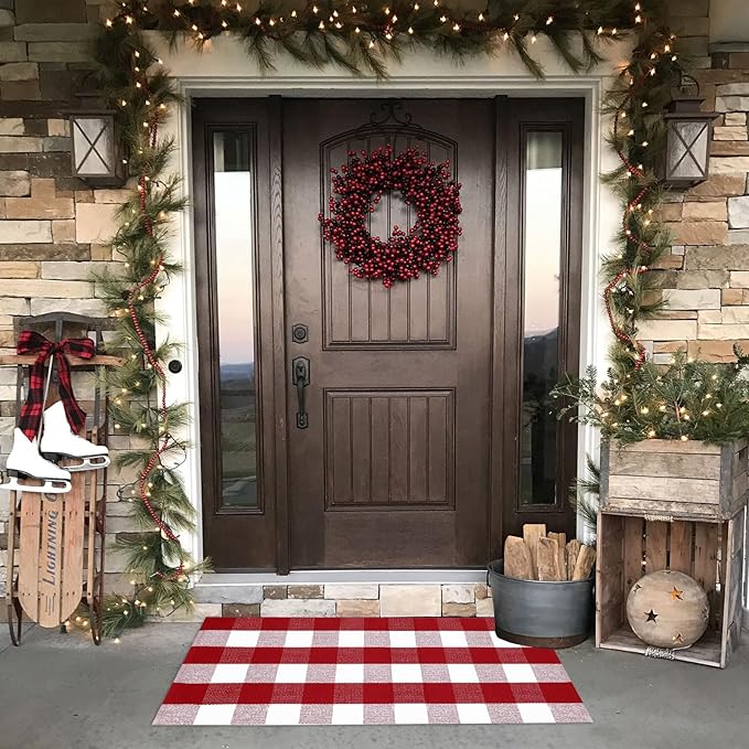 Christmas Plaid Outdoor Rug, 2'x4'3'' Red&White Check Indoor/Outdoor Area Rug, Layering Rug for Hello/Welcome Door Mat, Machine Washable Cotton Woven Rug for Farmhouse Front Porch, Entryway