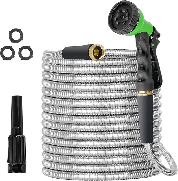 Metal Garden Hose 150ft Stainless Steel Water Hose Super Tough Flexible Water Pipe with 3/4 inch Brass Fittings and Sprayer Nozzle, Kink & Tangle Free, Rust Proof