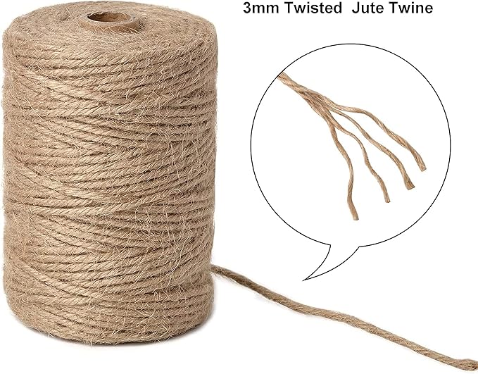 3mm Jute Twine 656 Feet - Natural Thick Rope for Crafting, Gift Wrapping, Gardening, Packing and Wedding Decor - Brown String