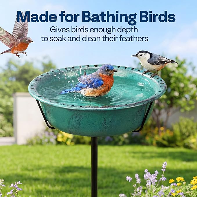 VIVOHOME Bird Bath for Outside, Outdoor 13'' Birdbath Bowl with Metal Ground Stake, Weather-Resistant ABS Bird Bath and Feeder for Garden, 1.45 Gallons, Green
