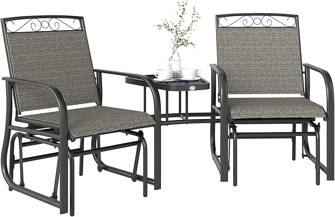 Outsunny Outdoor Glider Chairs with Coffee Table, Patio 2-Seat Rocking Chair Swing with Breathable Sling for Backyard, Garden and Porch, Gray