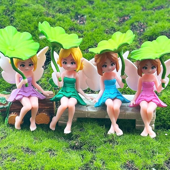 Miniature Fairy Figurines - 4Pcs Small Flower Fairies Ornaments Resin Mini Fairy Figurines Tiny Elf for DIY Fairy Garden Flower Pot Bonsai Micro Landscapes Craft Decoration Accessories (lotus leaf)